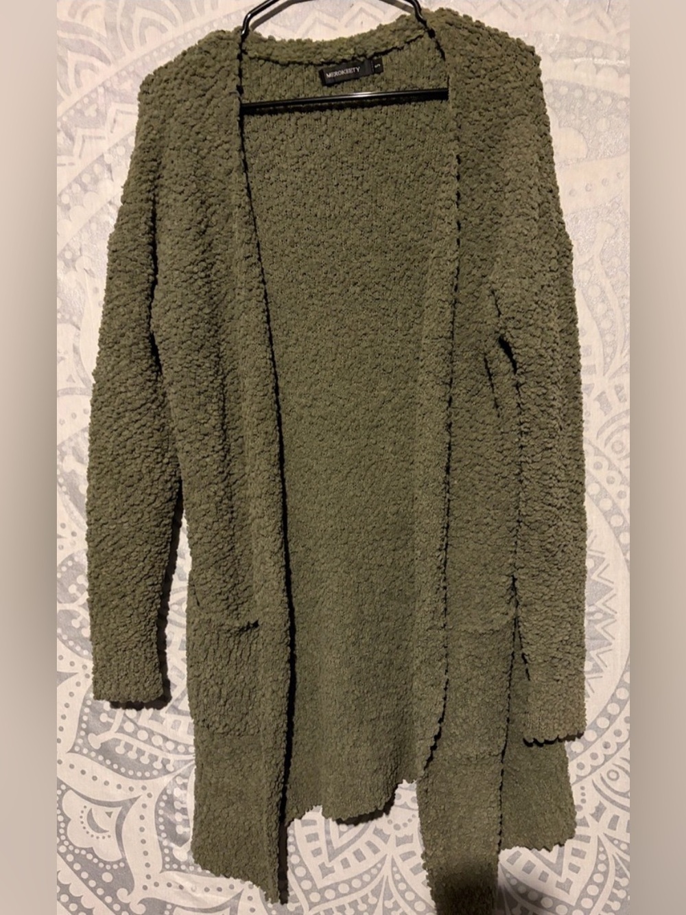 💚 MEROKEETY Olive Green Fuzzy Sherpa Bouclé Open Front Long Cardigan - Small 🧥